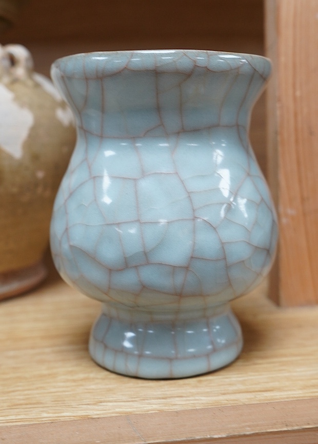 A Chinese celadon, crackle glazed vase, another Chinese vase and a Japanese dish, tallest 20cm. Condition - fair to good